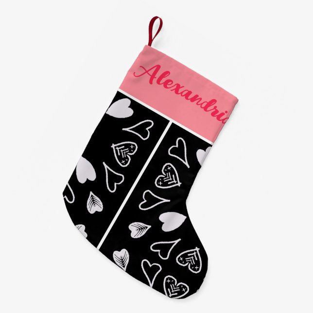 Personalised Heart Black Pink Small Christmas Stocking (Front (Hanging))