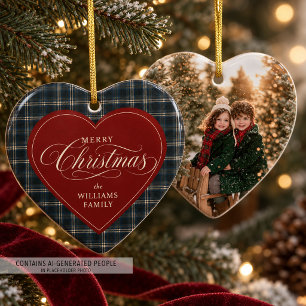 Personalised Heart Christmas Photo Navy Plaid Ceramic Tree Decoration