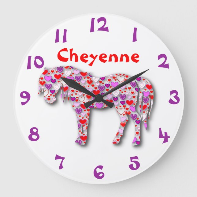 Personalised Heart Horse Purple, Pink and Red Pony Large Clock (Front)