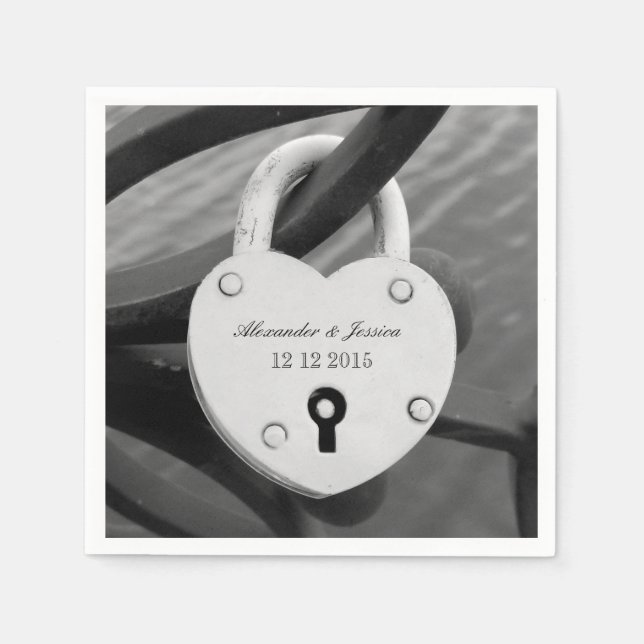 Personalised heart love lock photo wedding napkins (Front)