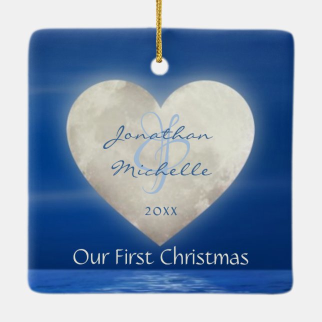 Personalised Heart Moon Love Our First Christmas Ceramic Ornament (Back)
