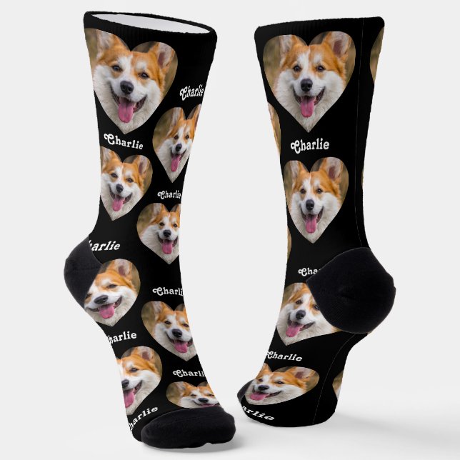 Personalised Heart Pet Photo Pattern with Name Socks (Angled)