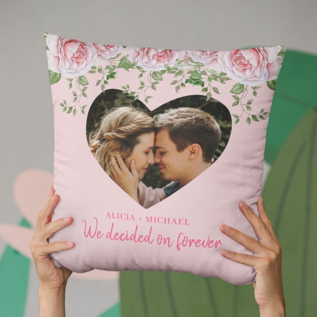 Personalised heart photo pink roses engagement cushion (Creator Uploaded)