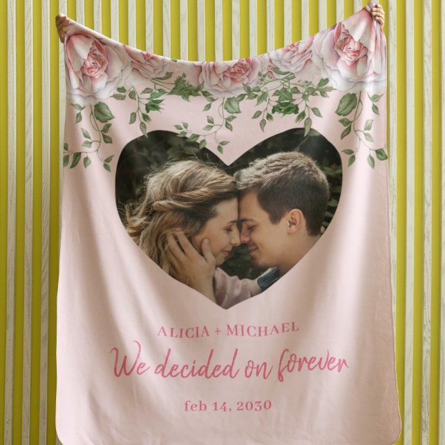 Personalised heart photo pink roses engagement fleece blanket (Creator Uploaded)