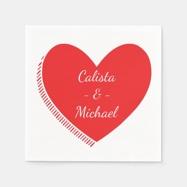 Personalised Heart Red And White Wedding / Party Napkin (Front)