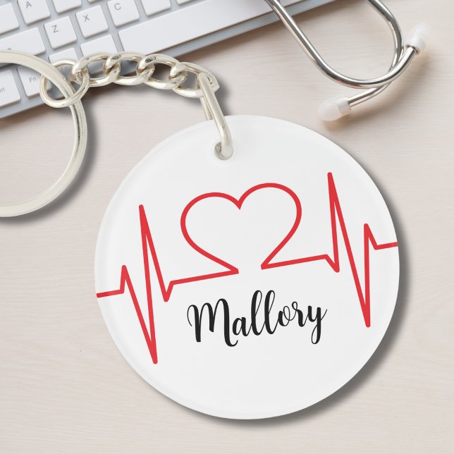 Personalised Heart Simple Medical Key Ring (Simple Red Heart Beat Nursing Medical Keychain)