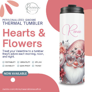 Personalised Hearts & Flowers Gnome Thermal Tumbler