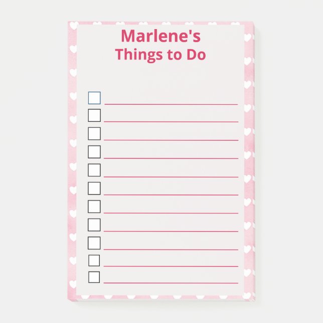 Personalised Hearts on Pink Things to Do Post-it Notes (Front)