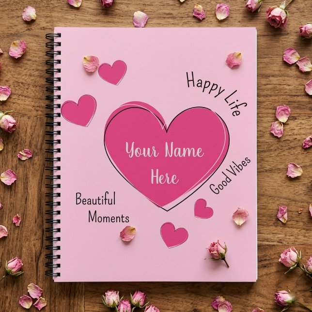 Personalised Hearts Spiral Notebook Sketchbook (Fully customizable pink hearts spiral notebook sketchbook with editable text)