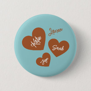 Personalised Hearts With Children's Names Teal 6 Cm Round Badge