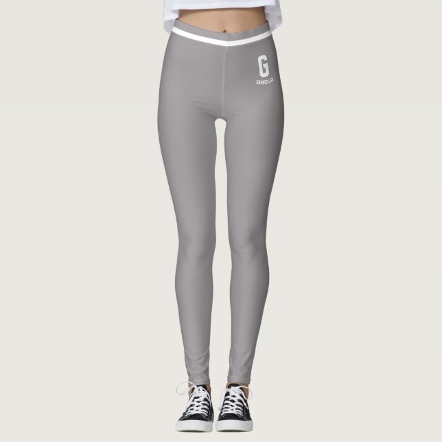 Personalised Heather Grey White Striped Monogram Leggings (Front)