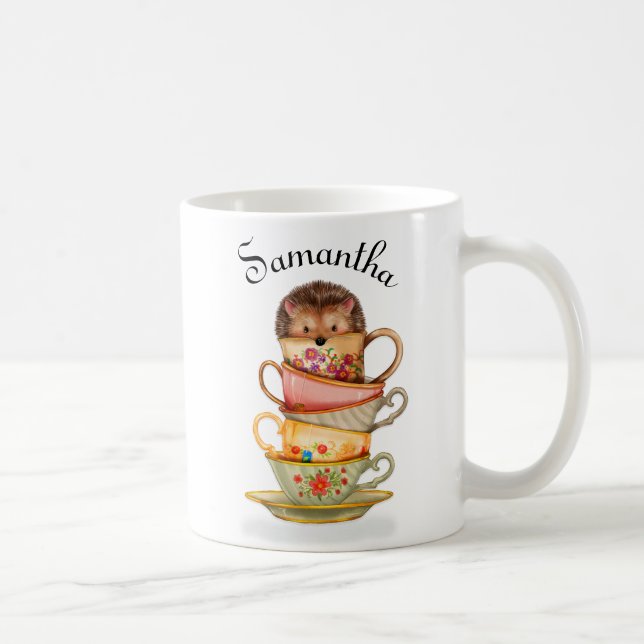 Personalised Hedgehog and Colourful Teacups Mug (Right)