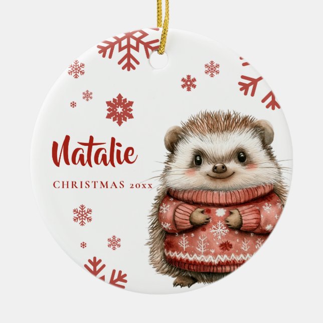 Personalised Hedgehog Christmas Snowflake Ceramic Tree Decoration (Front)