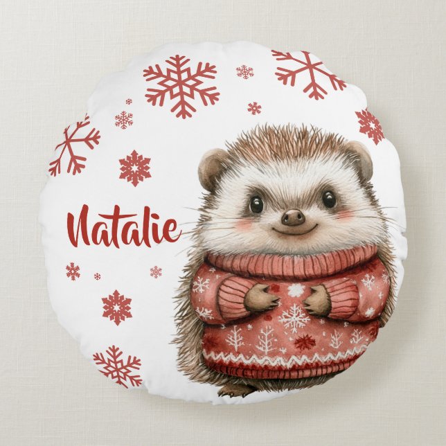 Personalised Hedgehog Christmas Snowflake Round Cushion (Front)