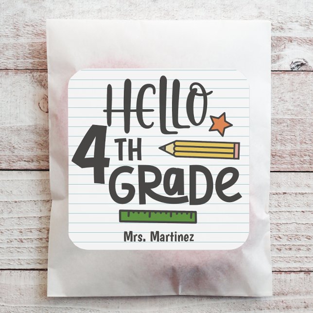 Personalised Hello 4th Grade Square Sticker (Personalize this back to school sticker with just a few clicks.)