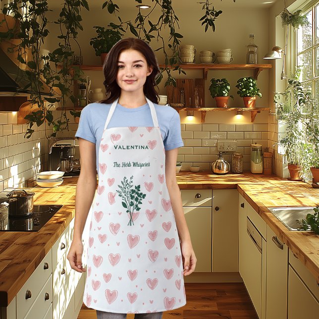 Personalised Herb Whisperer Apron with Pink Hearts (Creator Uploaded)
