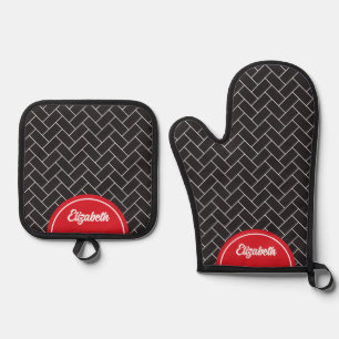 Personalised Herringbone Brick Black White Oven Mitt & Pot Holder Set