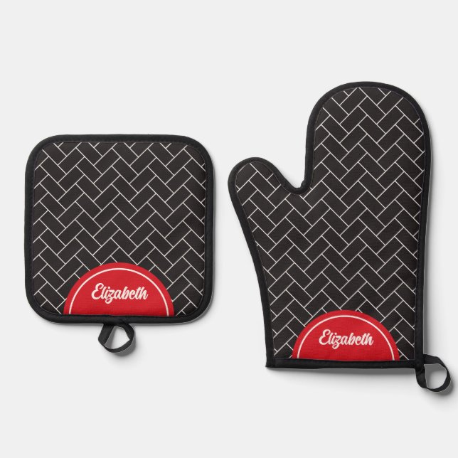 Personalised Herringbone Brick Black White Oven Mitt & Pot Holder Set (Front)