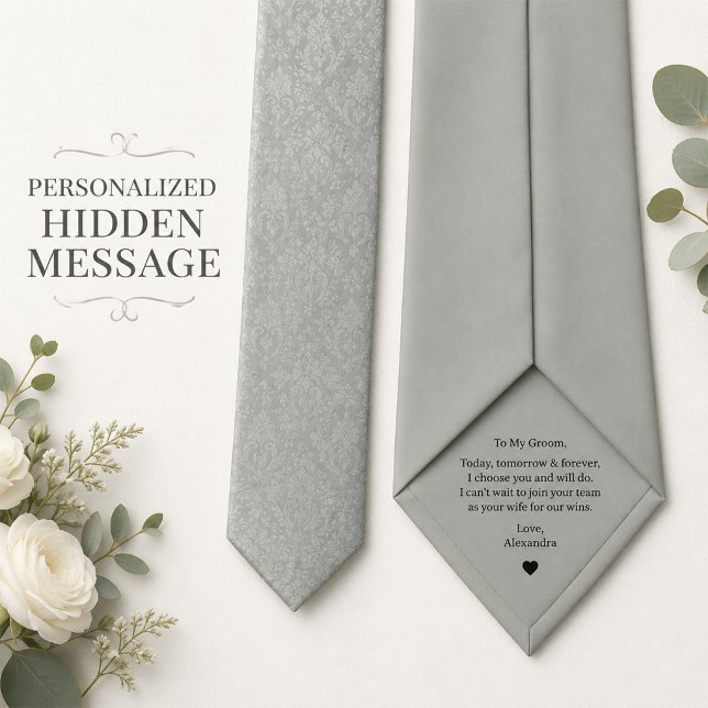Personalised Hidden Message Silver Damask Wedding Tie (Personalized hidden message men's neck tie)