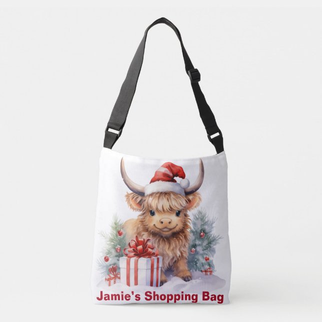 Personalised Highland Christmas Cow, Highland Cow, Crossbody Bag (Front)