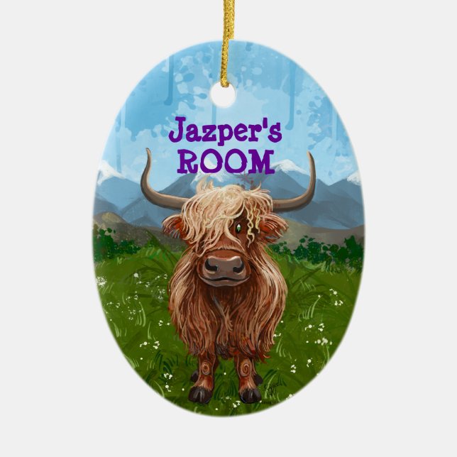 Personalised Highland Cow Coming and Going Ceramic Tree Decoration (Front)