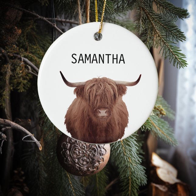 Personalised Highland Cow Farmhouse Rustic  Ceramic Tree Decoration (Creator Uploaded)