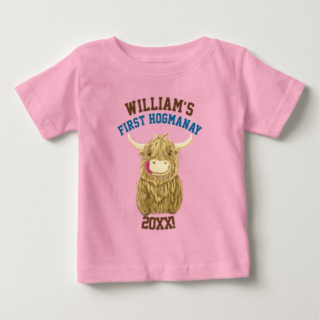 Personalised Highland Cow First Hogmanay Baby T-Shirt (Front)