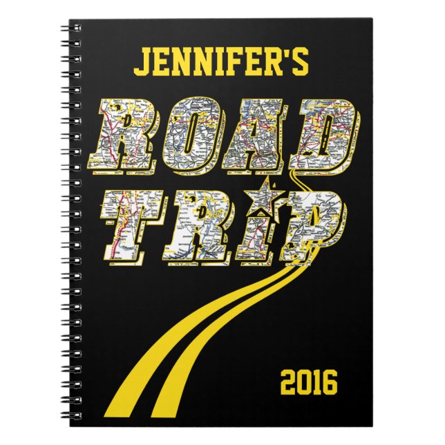 Personalised Highway Map Yellow Lines Road Trip Spiral Notebook (Front)