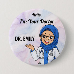 Personalised Hijab Doctor with Glasses Name Button