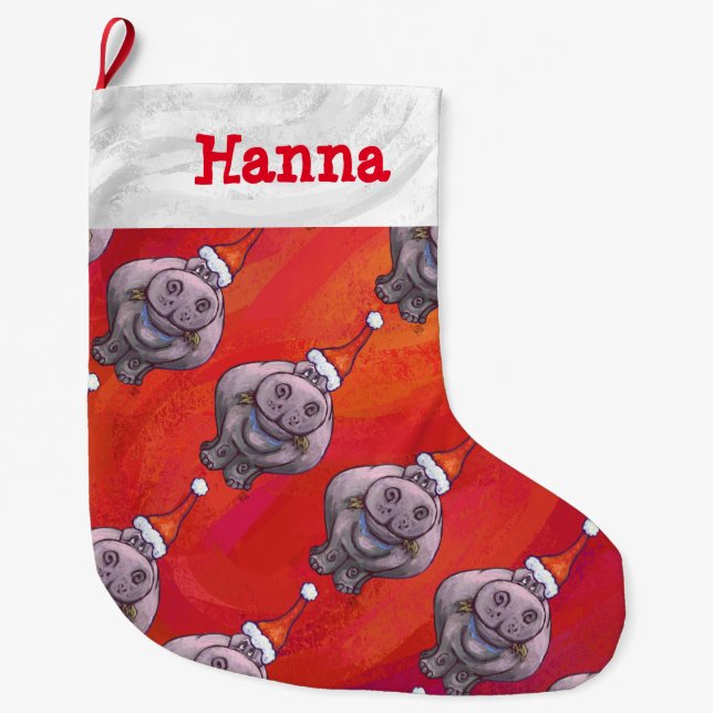 Personalised Hippo in Santa Hat Pattern on Red Large Christmas Stocking (Front)