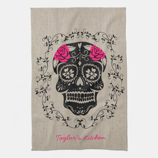 Personalised Hipster Sugar Skull Tea Towel (Vertical)