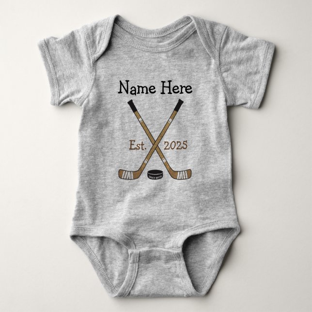 Personalised Hockey Baby Name Birth Year Born Bodysuit (Front)