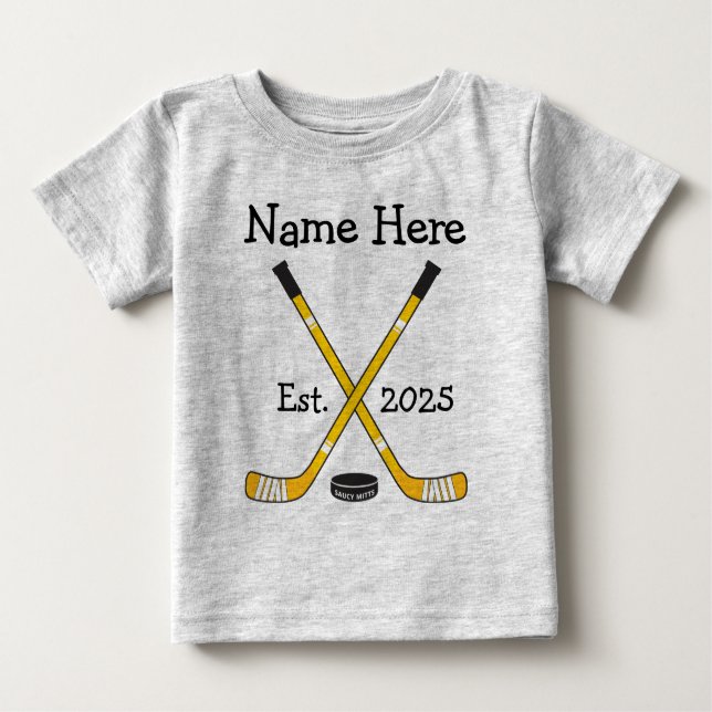 Personalised Hockey Baby Name Birth Year Born Gold Baby T-Shirt (Front)