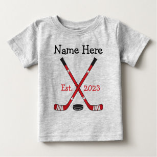 Personalised Hockey Baby Name Birth Year Born Red Baby T-Shirt