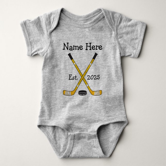 Personalised Hockey Baby Name Year Born Black Gold Bodysuit (Front)