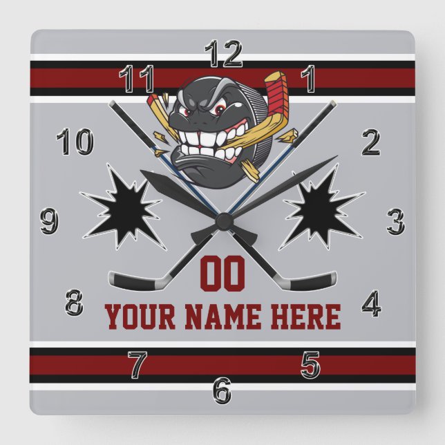 Personalised Hockey Clocks, Hockey Bedroom Decor Square Wall Clock (Front)