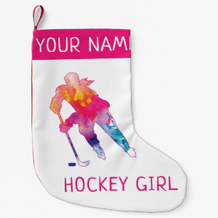 Personalised Hockey Girl Player Watercolor Pink Small Christmas Stocking