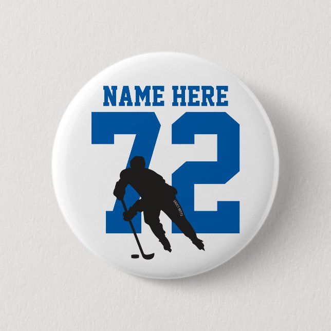 Personalised Hockey Player Name Number blu Pinback 6 Cm Round Badge (Front)