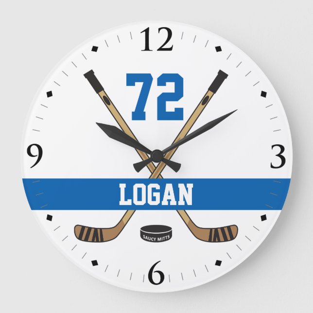 Personalised Hockey Player Name Number Blue Large Clock (Front)