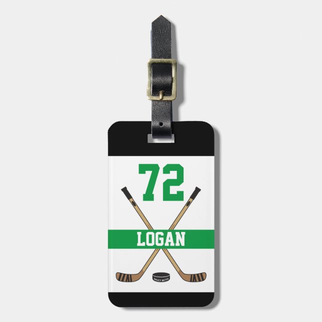 Personalised Hockey Player Name Number Green Luggage Tag (Front Vertical)