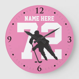 Personalised Hockey Player Name Number on Pink Large Clock