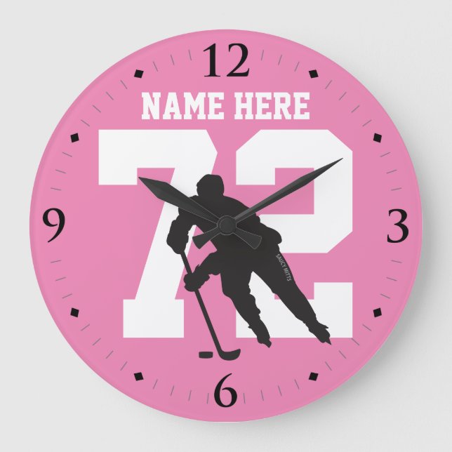 Personalised Hockey Player Name Number on Pink Large Clock (Front)
