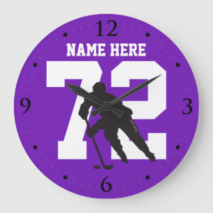Personalised Hockey Player Name Number on Purple Large Clock