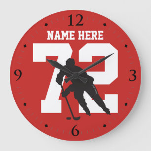 Personalised Hockey Player Name Number on Red Large Clock