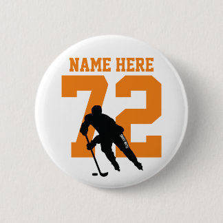 Personalised Hockey Player Name Number Orange 6 Cm Round Badge
