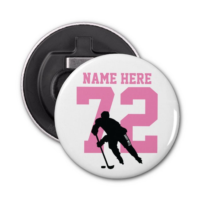 Personalised Hockey Player Name Number Pink Bottle Opener (Front)
