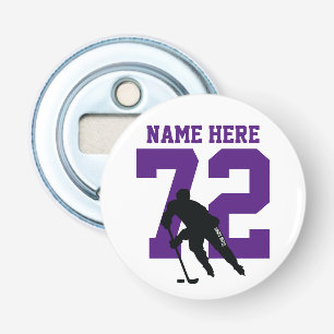 Personalised Hockey Player Name Number Purple Bottle Opener