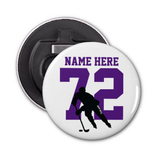 Personalised Hockey Player Name Number Purple Bottle Opener