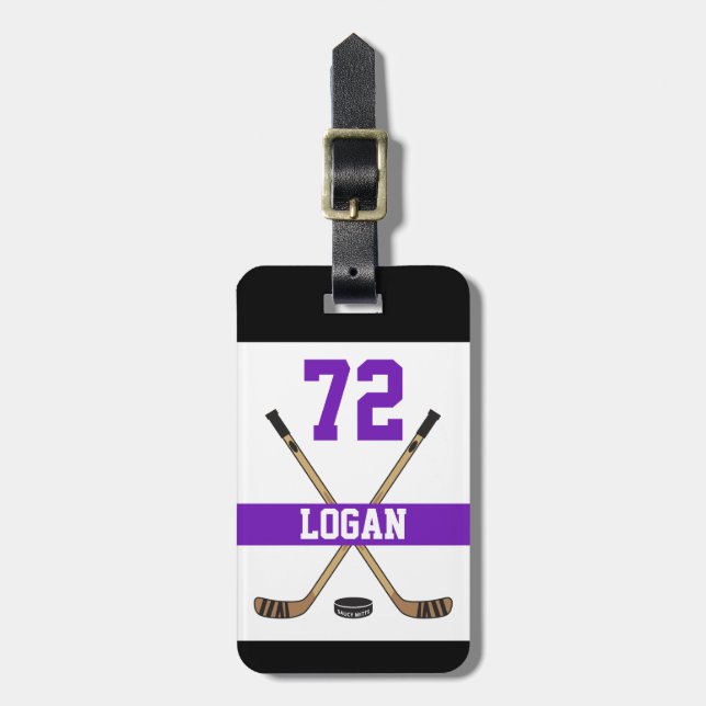 Personalised Hockey Player Name Number Purple Luggage Tag (Front Vertical)