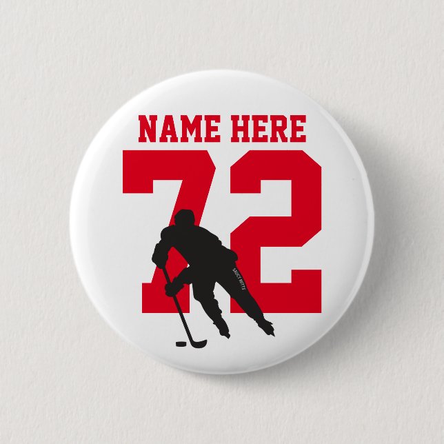 Personalised Hockey Player Name Number Red Pinback 6 Cm Round Badge (Front)